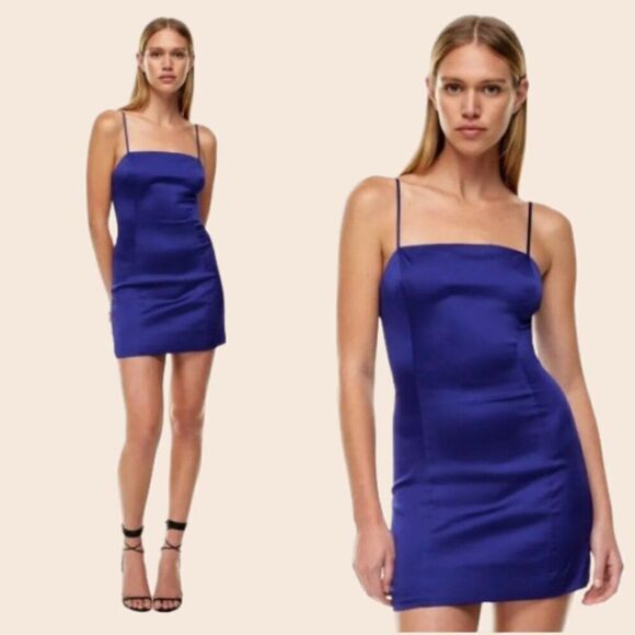 Aritzia Sunday Best Royal Blue Shimmer Satin Mini Micro Dress Size 0 - Picture 1 of 13
